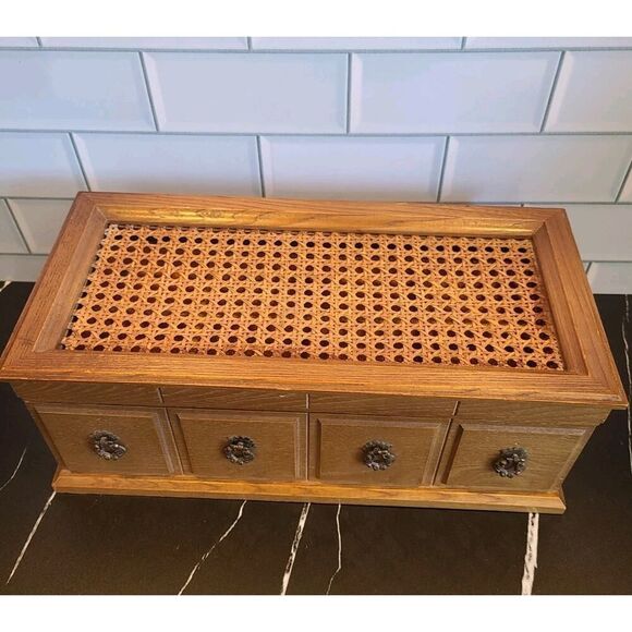 Vintage Mele Wooden Jewelry Dresser Music Box Cane Top Chest Boho Décor *FLAW* - Picture 3 of 16